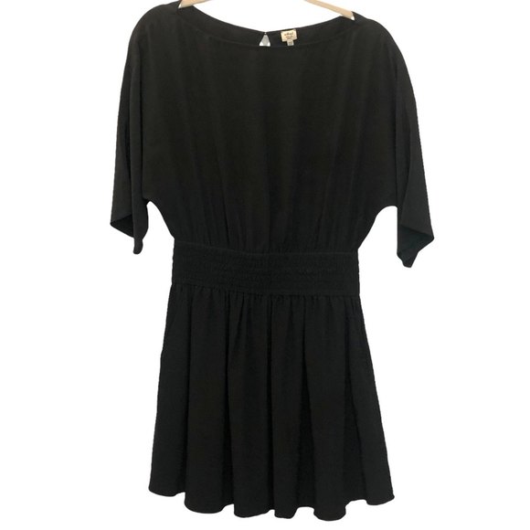 Aritzia Wilfred Silk Smocked Waist Mini Dress Dolman Sleeve Keyhole Back Black - Picture 1 of 5